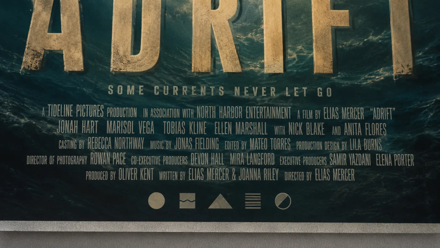 Bottom edge of a movie poster showing a dense credits block set in condensed all-caps beneath the title.