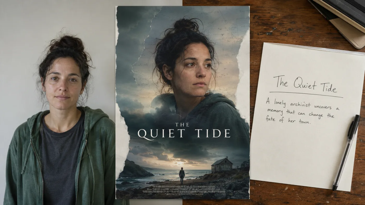 Two routes to one poster: a portrait photograph on the left, a typed title and logline on the right.