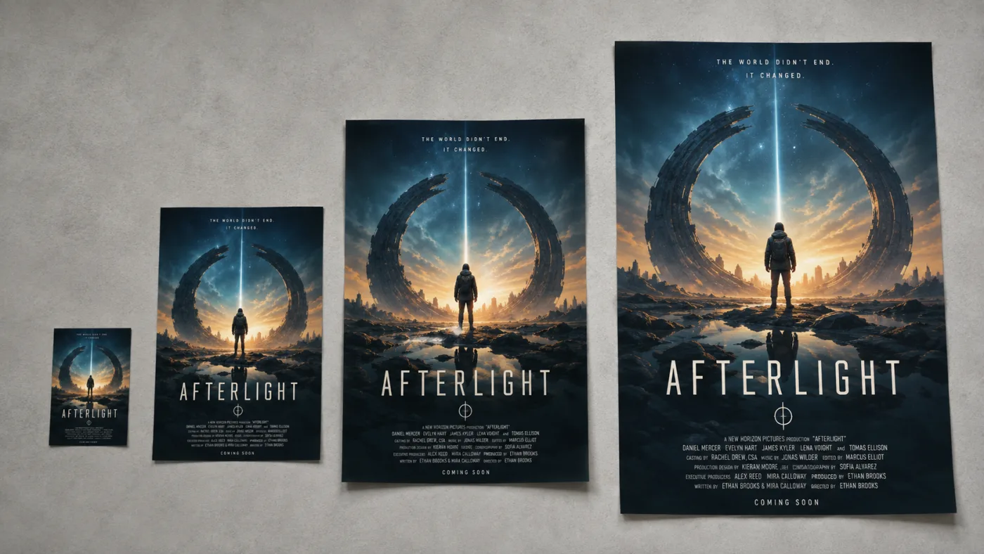 One poster shown at several print sizes, from a small handout up to a large lobby-frame sheet.