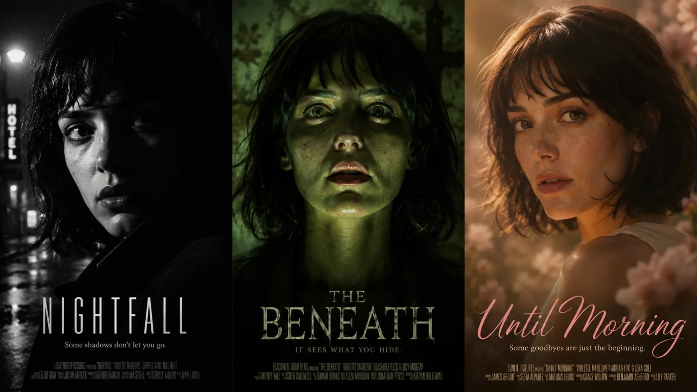 The same face rendered three ways: noir key light, horror underlight and warm romance haze.
