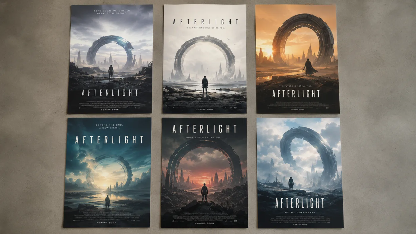Six poster compositions of one idea laid out side by side for comparison at small size.