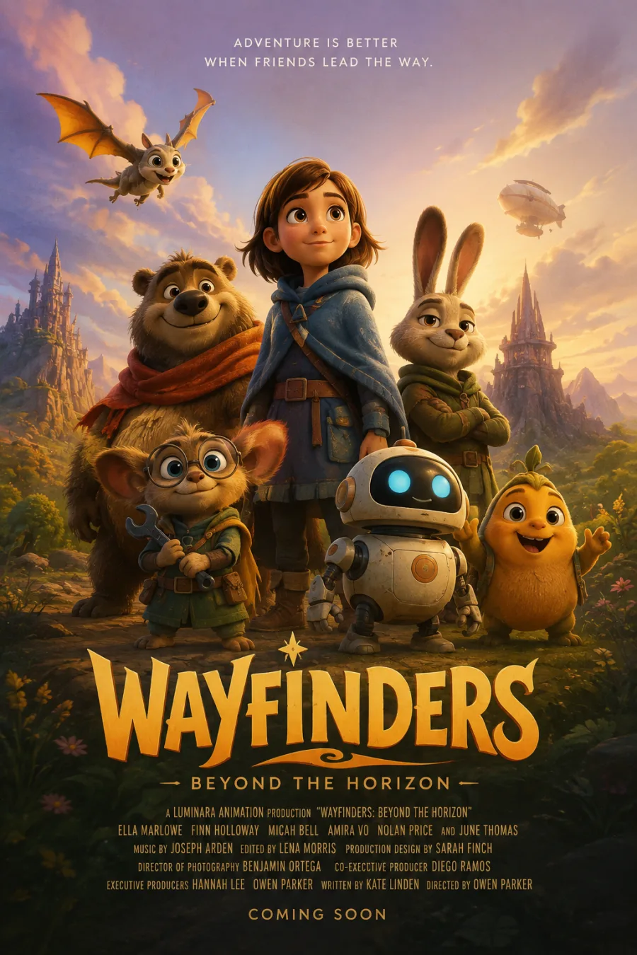 Animated feature poster with an ensemble character line-up, warm palette and rounded display lettering.