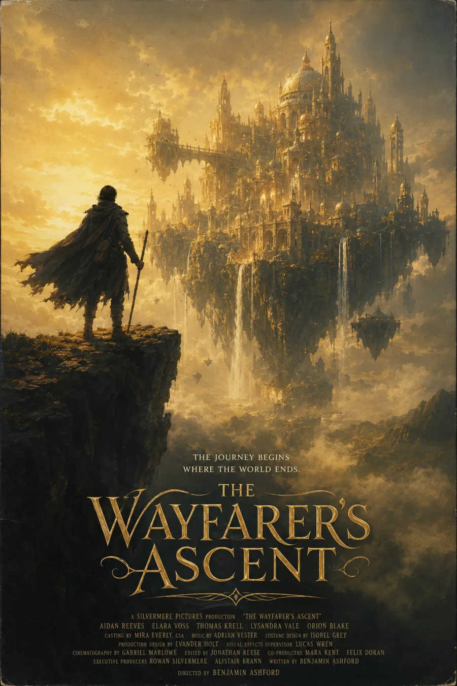 Fantasy key art: a lone traveller on a cliff edge before a floating city, lit gold, under an ornate title.