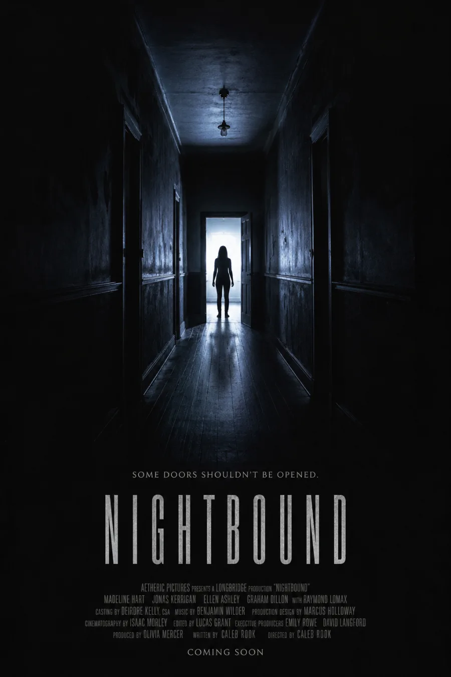 Horror one-sheet: a lone figure silhouetted in a lit doorway, title set low in a mostly dark frame.