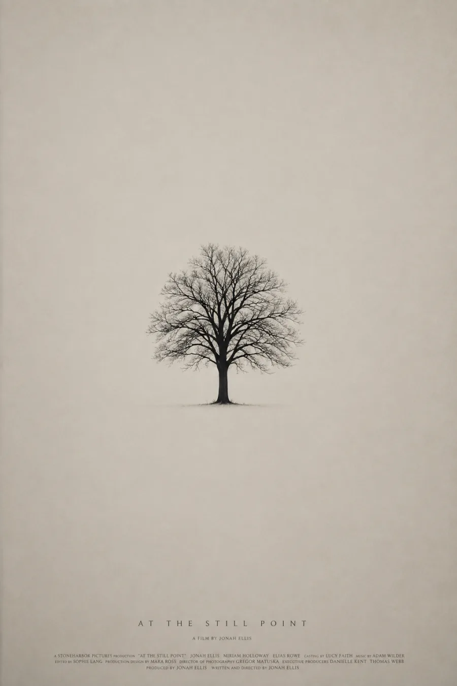 Minimalist poster: a single black tree on a wide pale grey field with very small type along the bottom.