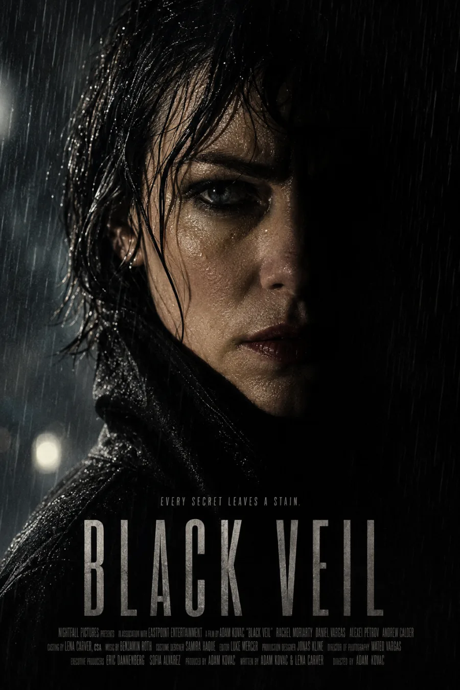 Neo-noir key art with hard side light, falling rain and a tight portrait crop under a condensed title.