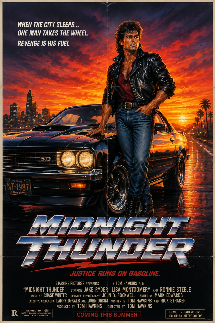 Painted 1980s key art of a driver beside a muscle car under an airbrushed sunset, with a chrome title.