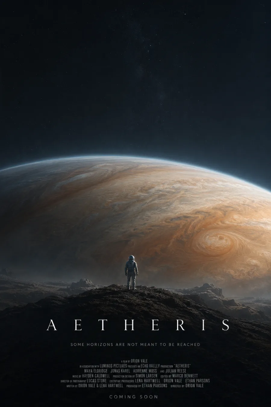 Sci-fi one-sheet with a suited figure dwarfed by a planetary horizon and cold rim light.