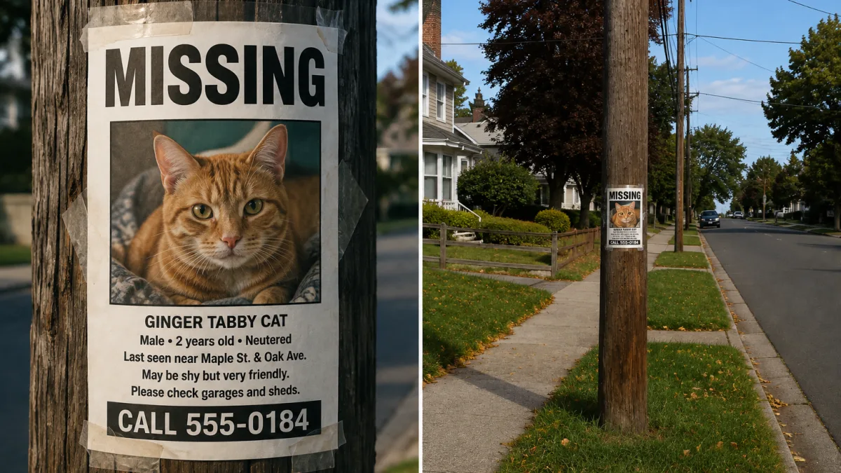 The same missing poster shown near and far, with the heading and phone number still readable at a distance.