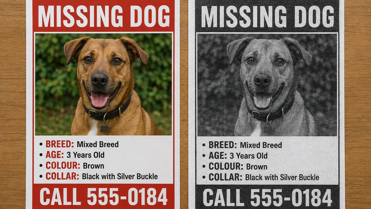 A missing poster in colour beside its black-and-white photocopy, both holding the same contrast.