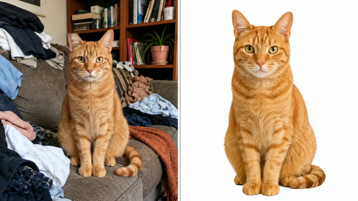 A cluttered snapshot of a cat beside the same photograph isolated on a plain field, ready to sit on a poster.