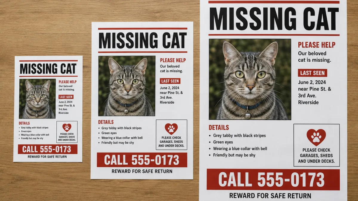 One missing poster shown at letterbox, window and lamp-post sizes side by side on a table.
