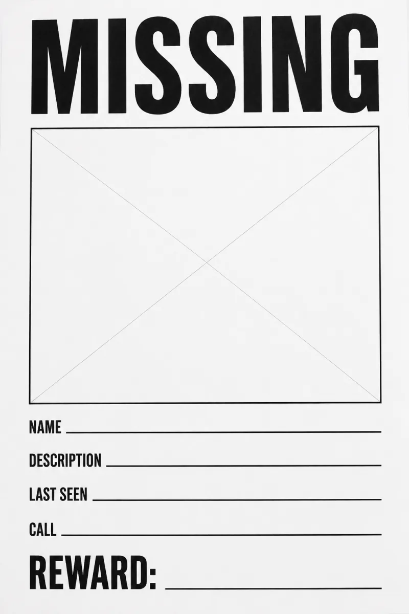 Blank missing poster template with an empty photo box and ruled lines for the name, description and contact number.