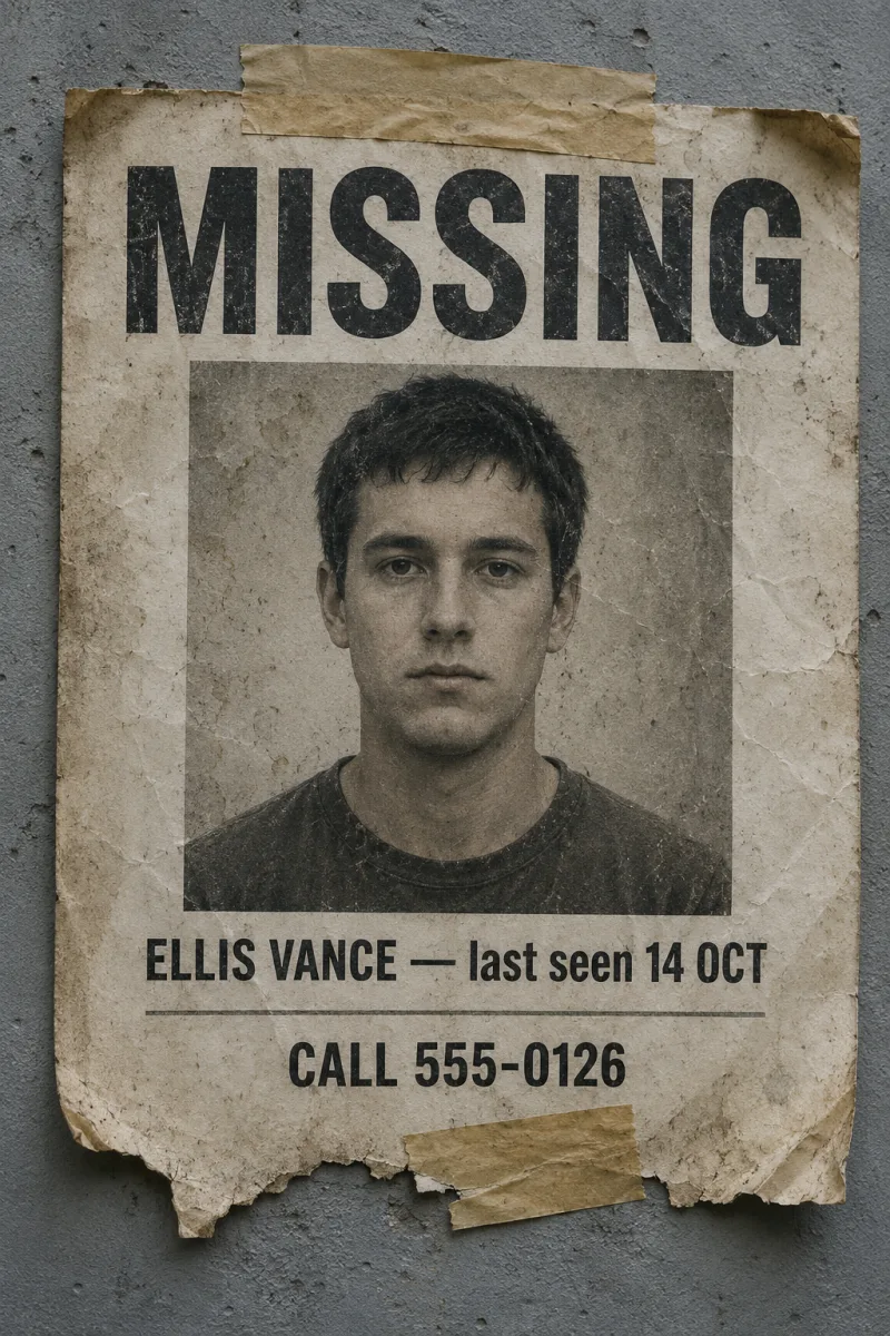 Weathered missing poster prop taped to a wall, showing an invented face rather than a photograph of a real person.