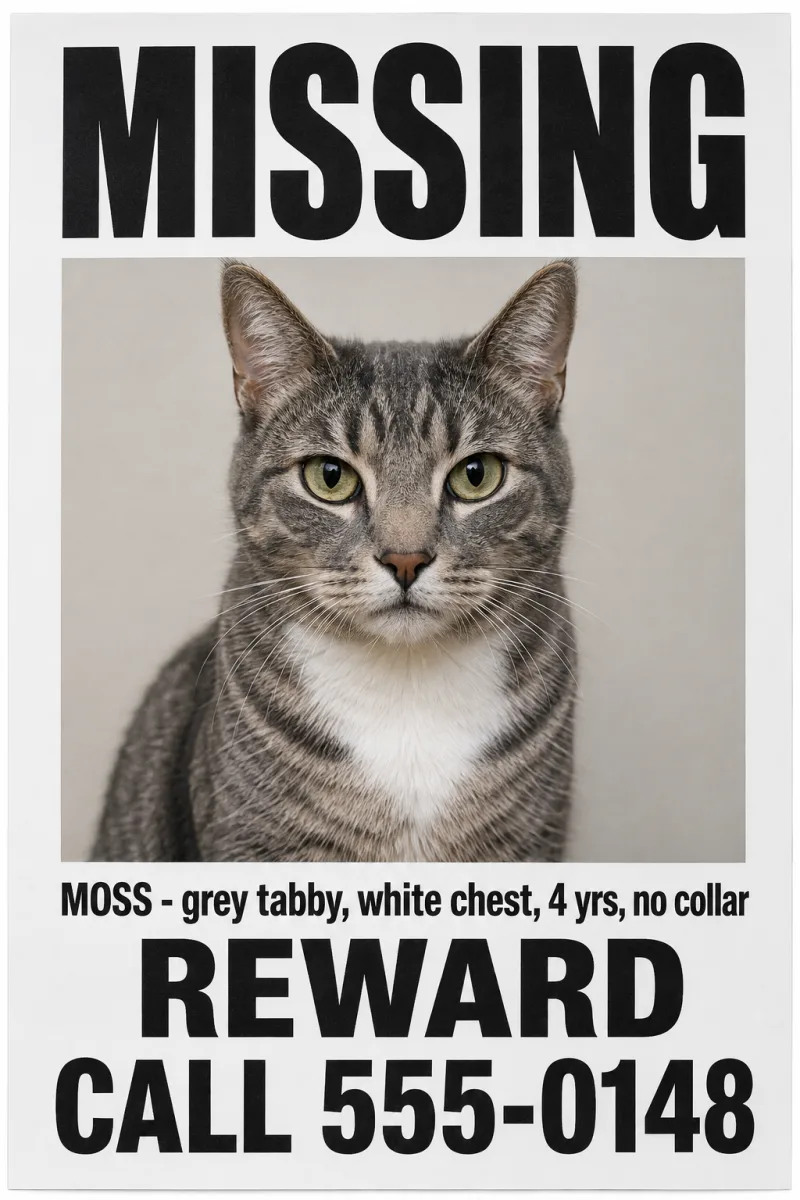 Lost cat missing poster: a large MISSING heading over a sharp close-up of a tabby cat, with a short description and one phone number.