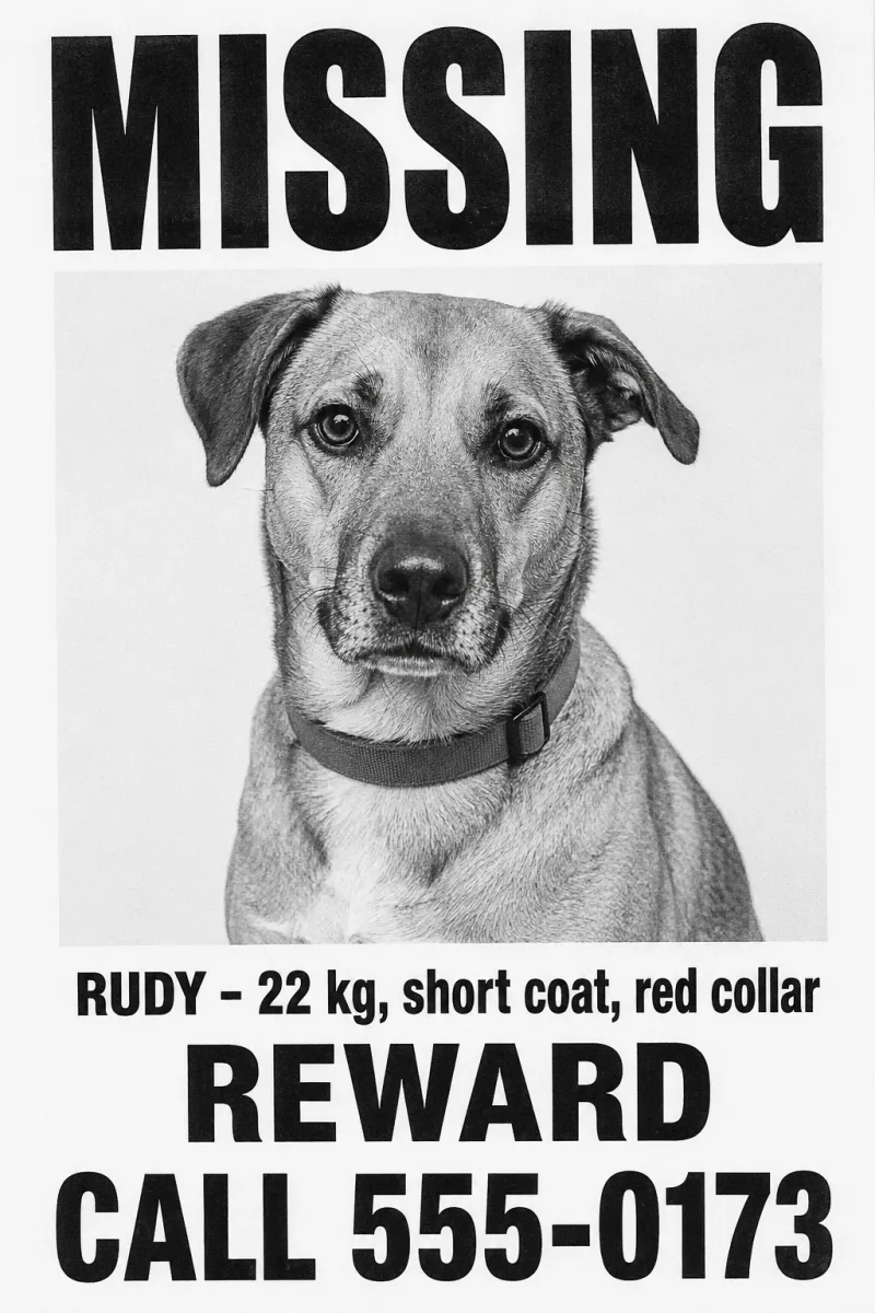Lost dog flyer in high-contrast black on white, laid out so a photocopy keeps the photograph and the phone number readable.