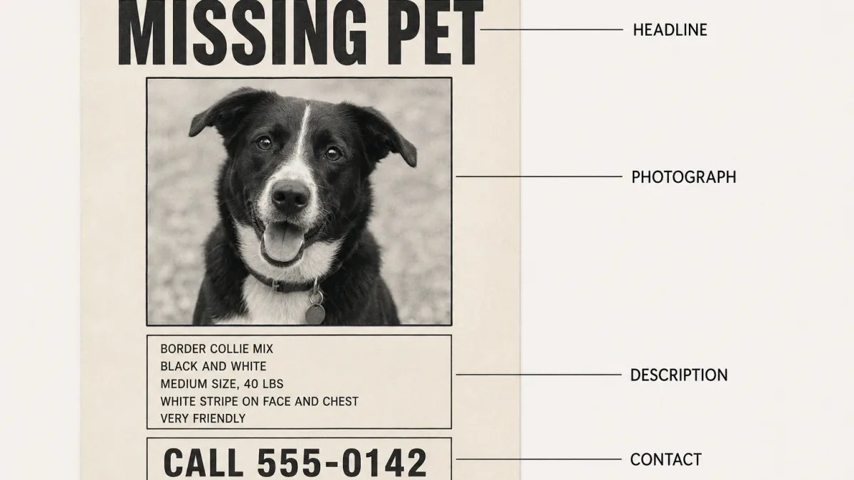 Missing poster layout annotated with its four parts: the MISSING heading, the photograph, the description block and the contact line.